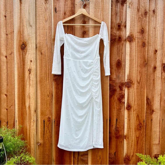 White Mesh Pearl Off-The-Shoulder Bodycon Midi Dress🌿 - Picture 5 of 9